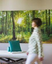 Bewegung im Behandlungsraum von Physiotherapie Birkhoff mit Waldmotiv und Therapieliege. Das Motiv passt zu aktiver Körperarbeit, Bewegungstherapie Magdeburg, Mobilisationsübungen Magdeburg und ganzheitlicher Physiotherapie.