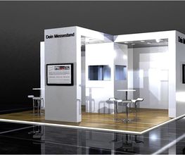 Messebau individuell mit Laminatboden Eiche. Klassisches Messedesign mit Meetingtischen, Vitrinen und Bildschrimen. Copyright: Dein Messestand