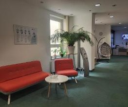 Eingangsbereich mit grünem Teppichboden. Links ein rotes Sofa mit Beistelltisch, dahinter eine Pflanze und Flyerständer. Im Hintergrund ein Hängesessel und ein TV.