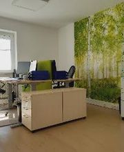 Büroraum mit 2 Arbeitsplätzen und einem Drucker, die Wand mit Birkenbaum Tapete.