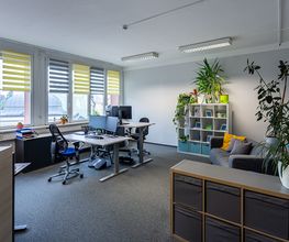 Mitarbeiterbüro mit mindestens 2 Arbeitsplätzen, mehreren Regalen im Raum. Rechts steht ein graues Sofa und mehrere Pflanzen schmücken den Raum.