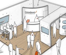 Messestand mit runder Theke und Flachbildschirmen. Stehtischrguppen und Vitrine für Exponate. Doppelboden mit Laminat. Copyright: messebauer.com