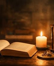 Buch, brennende Kerze und Sanduhr der Dodona Loge.