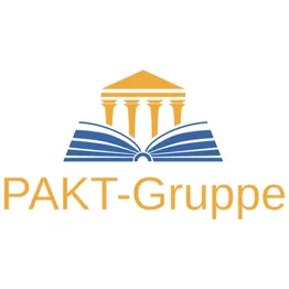 Logo der PAKT Gruppe mit stilisiertem Gebäude und aufgeschlagenem Buch in Blau und Gold.