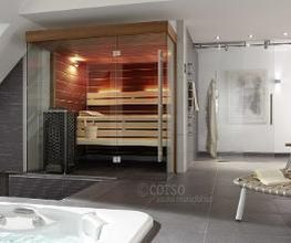 Innensauna im Bad mit Glasfront für Zuhause. Maßanfertigung der corso sauna manufaktur. Saunahersteller seit 1968. Made in Germany.