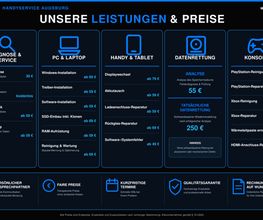 Übersicht der Leistungen und Preise von MK PC & Handyservice Augsburg. Das Angebot umfasst Fehlerdiagnose und Beratung, PC- und Laptop-Service, Windows- und Software-Installation, Hardware-Aufrüstung, Smartphone- und Tablet-Reparaturen, Datenrettung sowie Reparatur und Wartung von PlayStation- und Xbox-Konsolen. Die Grafik zeigt die jeweiligen Leistungen mit transparenten Preisangaben.