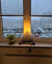 Ein Kerzenhalter Weihnachtsschmuck neben einer Pflanze.