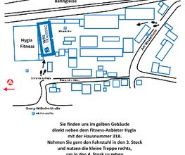 Lageplan Standort Celle - "Sie finden uns im gelben Gebäude direkt neben dem Fitness-Anbieter Hygia. Nehmen sie gern den Fahrstuhl in den 3. Stock und nutzen die kleine Treppe rechts um in den 4. Stock zu gehen."