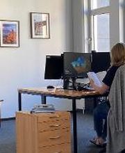 Frau sitzt am Arbeitsplatz mit 2 Bildschirmen. Vor ihr ein weiterer Arbeitsplatz, an der Wand hängen 2 Bilder. Daneben steht ein Beistelltisch mit Pflanze