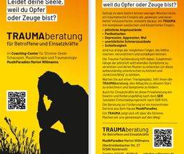 Das MusikParadies erweitert das Angebot mit trauma-sensibler Beratung. Dafür wurde speziell die Website geschaffen: SeelenParadies-Oberberg.de für mehr Input um die Erstehung eines Traumas und was es aus uns und der Stimme macht.