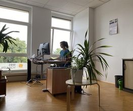 Eine Mitarbeiterin sitzt am Schreibtisch und arbeitet vor ihrem Bildschirm. Der Raum ist hell und geräumig und es befinden sich einige grüne Zimmerpflanzen in dem Raum