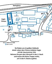 Lageplan Standort Celle - "Sie finden uns im gelben Gebäude direkt neben dem Fitness-Anbieter Hygia. Nehmen sie gern den Fahrstuhl in den 3. Stock und nutzen die kleine Treppe rechts um in den 4. Stock zu gehen."
