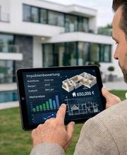 Immobilienmakler analysiert mit Tablet eine moderne Villa – digitale Immobilienbewertung in Echtzeit vor Ort.