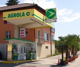 AGROLA Tankstelle in Niederglatt St. Gallen mit hohem Dach. Zwei Tanksäulen. Rechts bilden Palmen einen Schutz zur Strasse.