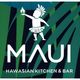 Modernes Logo von MAUI – Hawaiian Kitchen & Bar mit tanzender Figur und Fackel vor stilisiertem tropischen Hintergrund in Grün- und Blautönen.
