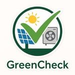 GreenCheck Logo mit Solarpanel, Wärmepumpe und grünem Haken für unabhängige Energieberatung