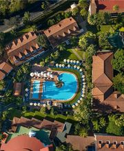 Aerial hotel and pool view