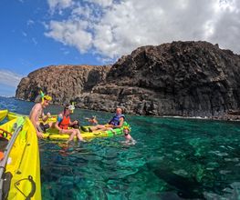 4 personas haciendo tour de kayak en el mar con cueva de fondo