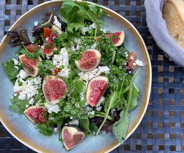 Salat der Saison mit Feigen, Feta und Himbeer Dressing