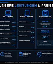 Übersicht der Leistungen und Preise von MK PC & Handyservice Augsburg. Das Angebot umfasst Fehlerdiagnose und Beratung, PC- und Laptop-Service, Windows- und Software-Installation, Hardware-Aufrüstung, Smartphone- und Tablet-Reparaturen, Datenrettung sowie Reparatur und Wartung von PlayStation- und Xbox-Konsolen. Die Grafik zeigt die jeweiligen Leistungen mit transparenten Preisangaben.