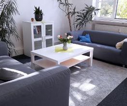 Heller Aufenthaltsraum mit 2 gemütlichen grauen Sofas, einem weißen Beistelltisch auf dem eine Vase mit bunten Blumen steht. sowie ein Schrank und mehrere Zimmerpflanzen.