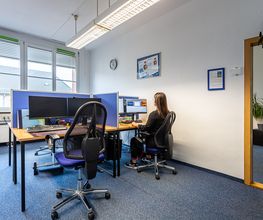 Raum mit mehreren Arbeitsplätzen mit jeweils 2 Bildschirmen, einem Bürostuhl, Tastatur und Maus. Am rechten Platz sitzt eine Frau und arbeitet. An der Wand hängen Plakate und eine Uhr. Der Boden ist mit blauem Teppich ausgelegt.