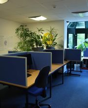 Mehrere abgegrenzte Arbeitsplätze mit Computer und Bildschirmen.