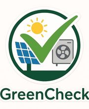GreenCheck Logo mit Solarpanel, Wärmepumpe und grünem Haken für unabhängige Energieberatung