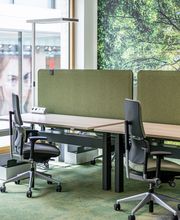 Ein Schulungsraum mit mehreren Arbeitsbereichen, die durch grüne Trennwände voneinander getrennt sind. Jeder Arbeitsplatz besteht aus 2 PC-Bildschirmen, Tastatur und Maus sowie Headset. Im Hintergrund Fototapete von einem Wald.