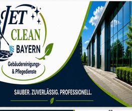 Jet Clean Bayern – Gebäudereinigungs- & Pflegedienste. Sauber. Zuverlässig. Professionell. Werbegrafik mit dem offiziellen Firmenlogo.