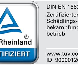 Wir wurden vom TÜV Rheinland für die individuelle Planung, Empfehlung, Durchführung und Beurteilung von Schädlingsbekämpfungsdienstleistungen nach der DIN EN 16636:2015 zertifiziert.