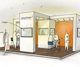 Messestand mit Podestboden und einer Ausstellungsvitrine. Logo mit Fernwirkung und LED Bildschirm für Informationen. Messestand mieten. Copyright: messebauer.com