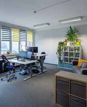 Mitarbeiterbüro mit mindestens 2 Arbeitsplätzen, mehreren Regalen im Raum. Rechts steht ein graues Sofa und mehrere Pflanzen schmücken den Raum.