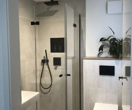 Pendeltürdusche mit schwarzen Beschlägen in Loft-Optik.