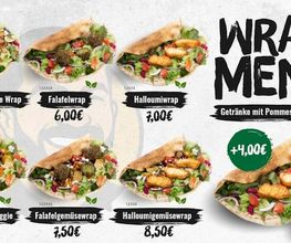 Wrap-Menü mit sechs Wrap-Varianten: Hähnchengemüse Wrap (6,00 €), Falafelwrap (6,00 €), Halloumiwrap (7,00 €), Gemüserap Veggie (6,00 €), Falafelgemüsewrap (7,50 €) und Halloumigemüsewrap (8,50 €)
