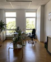 Heller Büroarbeitsplatz. Schreibtisch mit PC-Bildschirm und schwarzem Bürostuhl. Mehrere grüne Zimmerpflanzen.