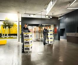Mitarbeitende transportieren DMS-Umzugskartons durch ein Gebäude