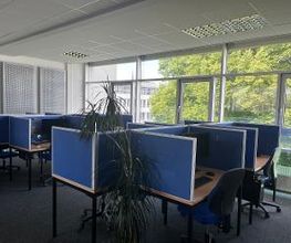 Ein Büro mit mehreren Arbeitsplätzen, die durch blaue Trennwände voneinander abgetrennt sind. Jeder Platz hat einen Bürostuhl und Monitor. Große Fenster lassen viel Tageslicht herein, und draußen sind grüne Bäume zu sehen.