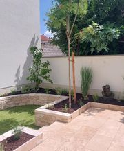 Garten mit frisch verlegtem Rollrasen, heller Natursteinmauer und modernen Pflanzen – professionelle Gartengestaltung mit mediterranem Charakter.