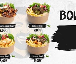Menübild mit vier Bowls (Hähnchen Gemüse Bowl, Falafel Bowl, Haloumi Bowl, Faloumi Bowl) in braunen Pappschalen