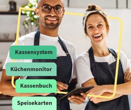 Zwei strahlende Gastronomen zeigen, wie einfach digitales Arbeiten mit Gastronovi ist: Kassensystem, Küchenmonitor, Kassenbuch & Speisekarten – alles in einer Lösung für mehr Effizienz, weniger Stress und glückliche Gäste.