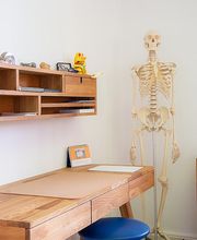 Ein Therapieraum mit einem modernen, aber natürlichen Ambiente. In der Mitte steht eine höhenverstellbare Therapieliege mit dunkelgrauem Bezug und zwei orangefarbenen Kissen. Der Boden besteht aus warmem Holz, das mit den hellen Wänden harmoniert. Links an der Wand befindet sich ein massiver Holzschreibtisch mit einer lederartigen Schreibunterlage. Darüber ist eine Holz-Wandablage mit mehreren Fächern, die Bücher, Dekorationen und einen goldfarbenen chinesischen Winkekater enthält. Daneben steht ein lebensgroßes anatomisches Skelettmodell auf einem Metallständer. In der Ecke steht ein großes Regal mit medizinischen Fachbüchern und Dekorationsstücken. Große Fenster lassen viel Tageslicht in den Raum.