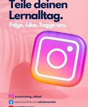 Social Media Banner mit der Aufschrift „Teile deinen Lernalltag. Folge, Like, Tagge uns.
