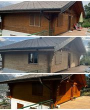 Ponçage mécanique et vernissage ( madriers, volets, chaînages d’angle et armier )