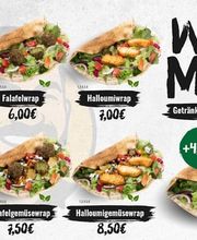 Wrap-Menü mit sechs Wrap-Varianten: Hähnchengemüse Wrap (6,00 €), Falafelwrap (6,00 €), Halloumiwrap (7,00 €), Gemüserap Veggie (6,00 €), Falafelgemüsewrap (7,50 €) und Halloumigemüsewrap (8,50 €)