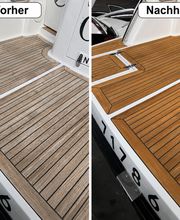Teakdeck-Aufbereitung auf der Badeplattform