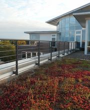 Dachterrasse vom Gebäude mit Bepflanzung.