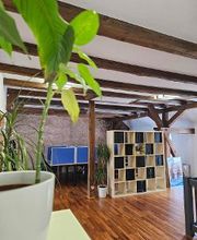 Trainingsraum mit Fachablage für Teilnehmende, Schreibtischen und grüne Pflanzen. Jeder Arbeitsplatz besteht aus 2 PC-Bildschirmen, Tastatur und Maus sowie Headset. Blaue Trennwände. 