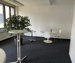 Heller Aufenthaltsraum mit weißen Tischen und Stühlen sowie einer großen, grünen Zimmerpflanze.