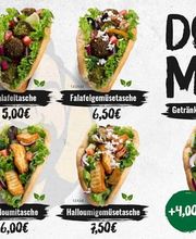Döner-Menü mit sechs Varianten: Gemüsedöner (5,00 €), Falafeltasche (5,00 €), Falafelgemüsetasche (6,50 €), Gemüsetasche (5,00 €), Halloumitasche (6,00 €) und Halloumigemüsetasche (7,50 €).